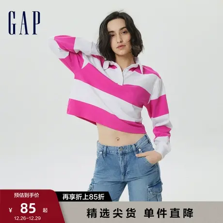 【水洗棉】Gap女装秋季新款LOGO条纹POLO衫598230学院风休闲T恤商品大图