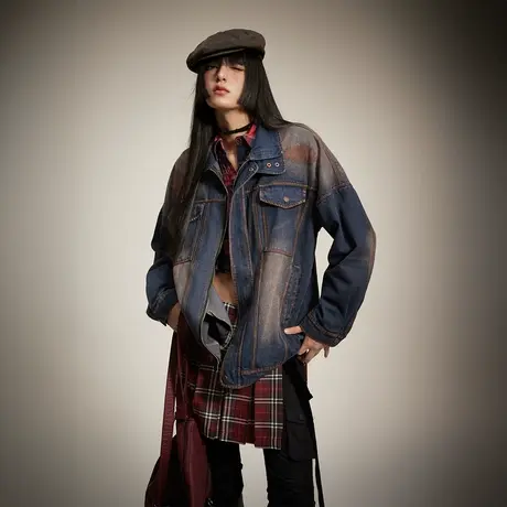 水洗复古做旧牛仔外套女2024年春季新款美式潮牌夹克情侣宽松上衣商品大图