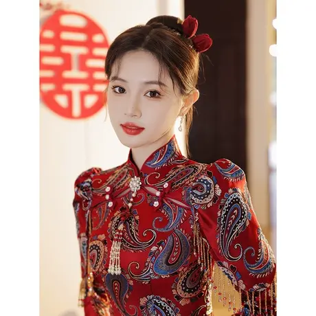 冬季敬酒服新娘2023新款高级感长袖中式秀禾旗袍结婚订婚回门流苏商品大图