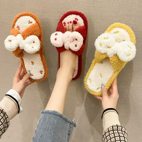 室内居家防滑棉拖鞋女冬季韩版甜美可爱少女心软底一字蝴蝶结棉拖图片