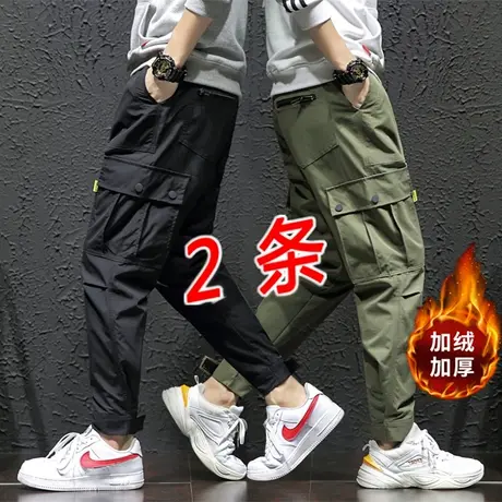 秋冬季男士宽松直筒纯色工装裤加肥加大码休闲加绒加厚运动胖裤子商品大图