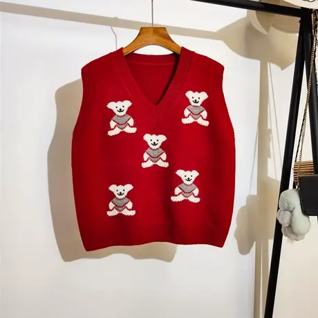 小熊针织背心马甲女2024新年红色宽松v领叠穿无袖毛衣坎肩学院风图片