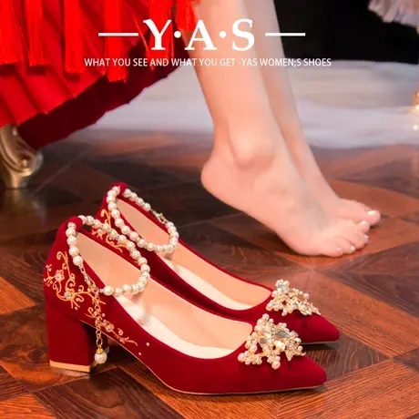 尖头粗跟结婚鞋子2024年新款中式秀禾敬酒服可穿红色新娘鞋女孕妇商品大图
