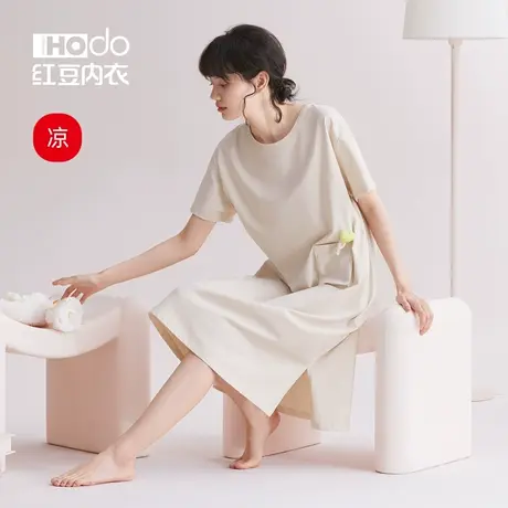红豆女士睡裙夏季薄款带胸垫可外穿宽松凉感睡衣棉质短袖家居服女商品大图