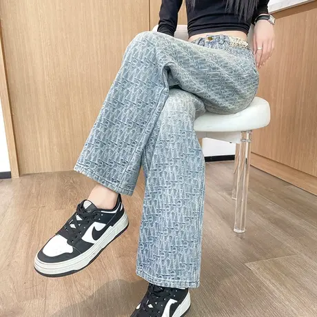 提花阔腿牛仔裤女2024春秋新款设计感高腰宽松显瘦垂感拖地直筒裤商品大图