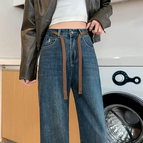 窄版阔腿牛仔裤女2024年春季新款高腰显瘦复古宽松拖地直筒长裤潮图片