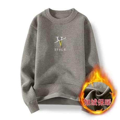 圆领毛衣男士新款加绒加厚保暖雪尼尔韩版潮流个性秋冬季针织衫商品大图