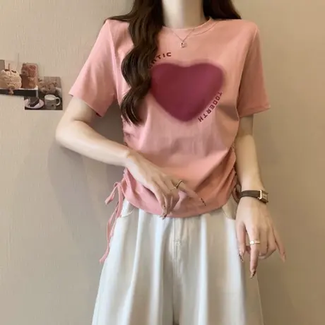 粉色少女感短袖T恤女夏天韩版修身打底衫短款抽绳下摆体恤上衣潮商品大图
