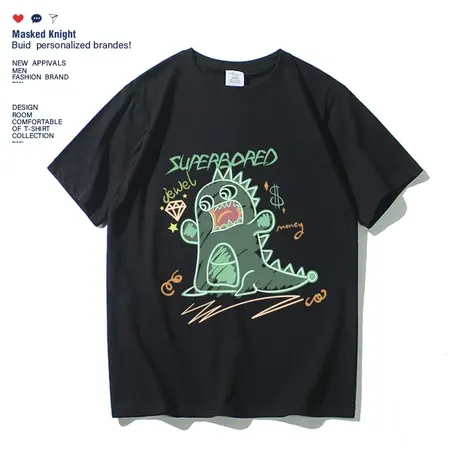 夏季趣味恐龙印花t恤短袖男学生纯棉宽松休闲圆领半袖上衣体恤衫商品大图