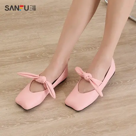 三福淑女鞋春季法式田园蝴蝶结苹果头方头时尚通勤女鞋828105商品大图
