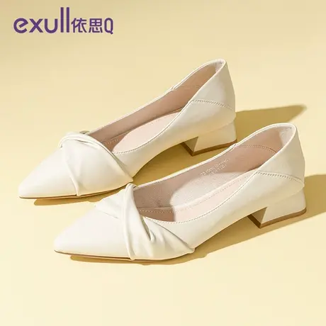 依思q单鞋女2024新款春季白色通勤面试女鞋粗跟高跟鞋女法式皮鞋图片