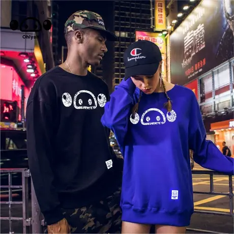 ohlyah黑色纯棉卡通情侣款印花卫衣女宽松潮牌圆领国潮牌套头衫商品大图