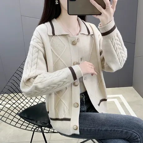 针织衫开衫2023早秋新款小众古着感慵懒风复古翻领毛衣外套女上衣商品大图