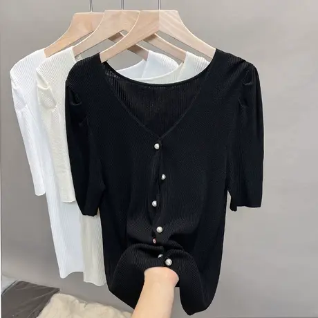 v领冰丝针织开衫女2023春夏秋新款韩版外穿上衣薄款抽褶短袖T恤衫商品大图