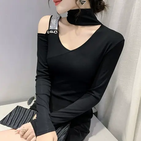 不规则露肩T恤女长袖2023春秋新款内搭高领打底衫性感洋气上衣ins商品大图