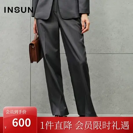 恩裳2023秋季新款简约大气深灰色弹力舒适混纺直筒阔腿裤商品大图