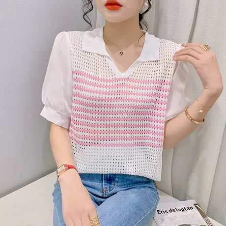 雪纺拼接针织短袖女气质甜美POLO领上衣夏季设计感镂空显瘦T恤ins商品大图