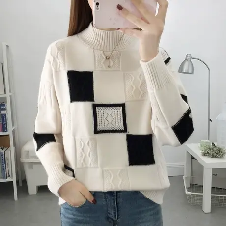 半高领毛衣女秋冬2023年女士内搭拼色时尚爆款加厚宽松针织打底衫商品大图