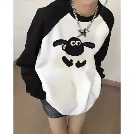 黑白撞色插肩袖美式复古T恤女秋冬宽松中长款打底衫内搭长袖上衣商品大图