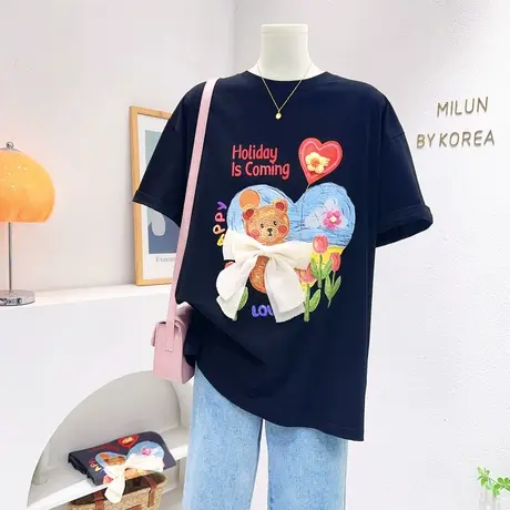 韩国东大门夏季上衣ins爱心小熊花朵蝴蝶结纯棉短袖T恤宽松遮肉图片