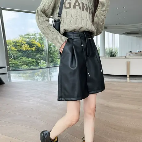 黑色皮短裤女2023年秋冬新款高腰显瘦皮裤宽松阔腿a字抽绳五分裤商品大图