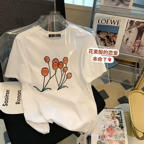 2023年夏季新款原宿风纯棉短袖t恤女宽松洋气ins设计感网红半袖潮商品大图