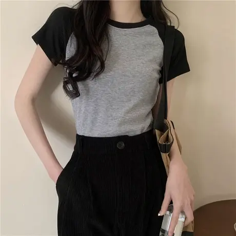 美式辣妹撞色圆领短款短袖T恤夏季小众紧身打底衫女内搭修身上衣商品大图