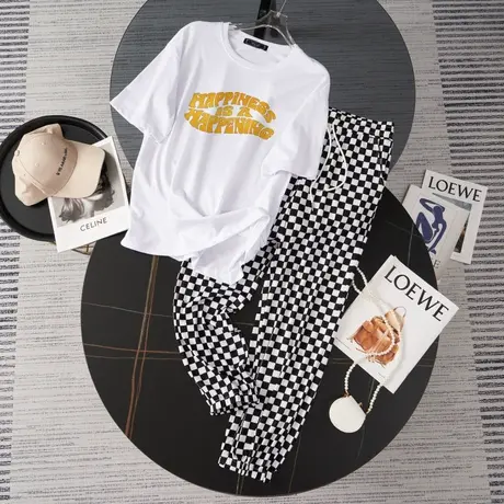 纯棉大码运动服套装女夏季薄款短袖长裤小个子时尚洋气休闲两件套商品大图