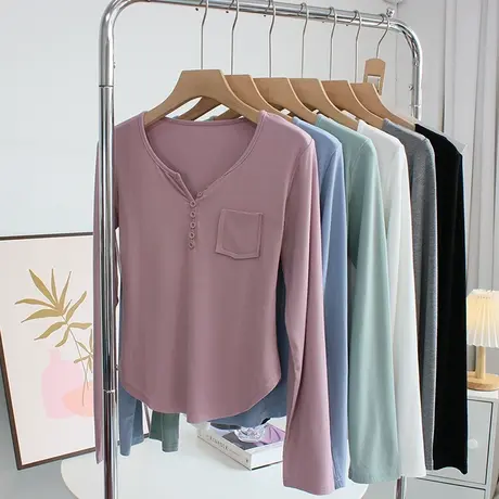温柔软糯！纽扣v领长袖t恤女春秋季修身显瘦内搭打底衫舞蹈服上衣商品大图