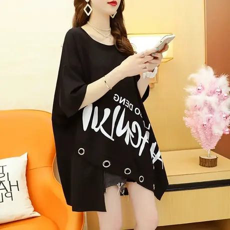 短袖t恤女夏韩版宽松中长款设计感小众不规则开叉下衣失踪上衣潮图片