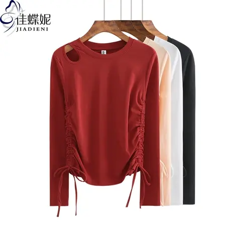 春秋新款韩版圆领显瘦修身长袖体恤上衣内搭女纯白纯色抽绳打底衫商品大图