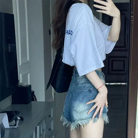 毛边破洞牛仔短裤女夏季薄款设计感高腰显瘦阔腿a字热裤小个子ins商品大图