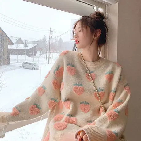 软奶风毛衣女秋冬外穿复古日系慵懒风韩版宽松粉色很仙的套头外套商品大图