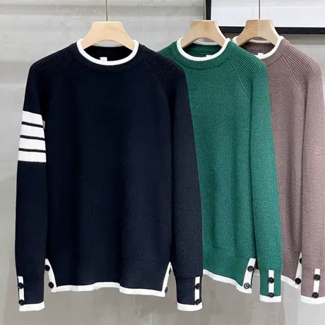 纽扣TB学院风圆领毛衣男士秋冬季宽松套头针织衫潮牌条纹男装上衣商品大图