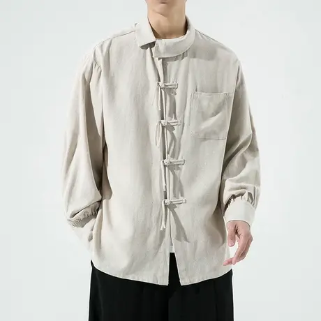 秋季男长袖衬衫宽松加肥加大码复古中国风上衣盘扣男装衣服民族风商品大图