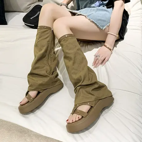 裤管靴！2023夏季新款凉鞋女厚底增高小众罗马鞋夹趾复古凉靴长靴商品大图