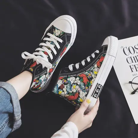 高帮帆布鞋女泫雅风2023春秋韩版ulzzang潮花纹布鞋休闲学生板鞋商品大图