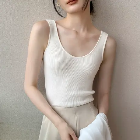 大U领宽边吊带背心女夏纯色露锁骨性感衬衫开衫内搭无袖冰丝上衣商品大图