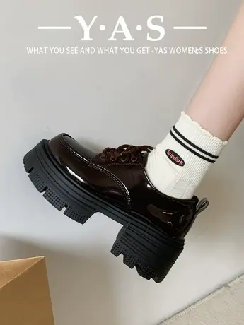 厚底粗跟系带矮子乐小皮鞋女2024春季新款增高黑色复古英伦风单鞋商品大图