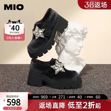 MIO米奥2023年秋季圆头中粗跟单鞋星型钻饰厚底通勤乐福鞋女鞋图片