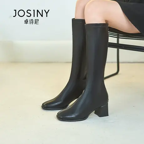 卓诗尼春单新款舒适纯色长靴女百搭显瘦粗跟高跟长筒不过靴瘦瘦靴图片