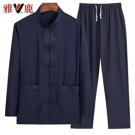 雅鹿中国风唐装男春秋薄款长袖套装中老年爸爸衣服休闲爷爷装上衣图片