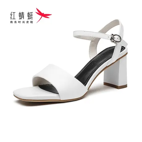 红蜻蜓女鞋女凉鞋夏季新款粗跟浅口高跟牛皮软底凉鞋舒适百搭职场商品大图