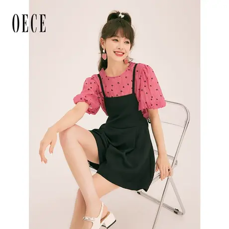 Oece设计感短袖衬衫女2023春夏新款女装复古印花衬衣气质短款小衫商品大图