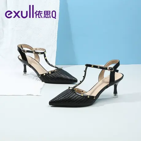 exull依思q铆钉包头凉鞋女秋外穿2023新款法式尖头一字带高跟鞋子图片