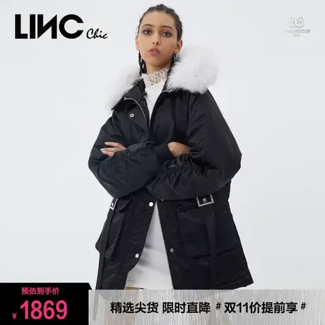 LINC金羽杰羽绒服女2023新款反季短款连帽毛领女款面包服断码清仓商品大图