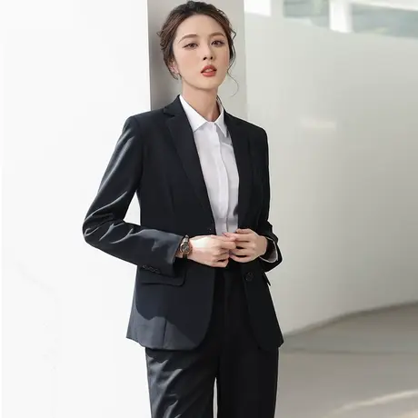 策蔓春秋职业装西服套装女士藏青二扣西装正装面试装物业前台工装图片