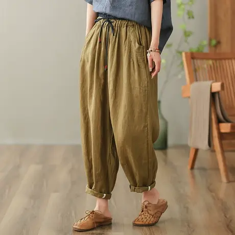 dza 高腰显瘦亚麻休闲裤女2023夏季薄款九分哈伦裤百搭棉麻阔腿裤图片