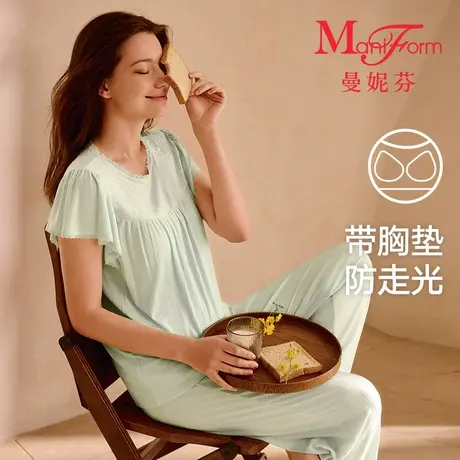 曼妮芬2025夏带杯女士舒适家居服圆领短袖长裤蕾丝套装20312042商品大图