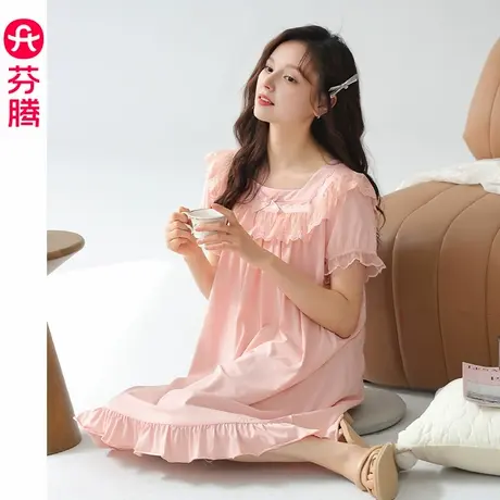 芬腾女士睡裙夏季纯棉短袖薄款睡衣裙甜美法式宫廷风连衣裙家居服图片